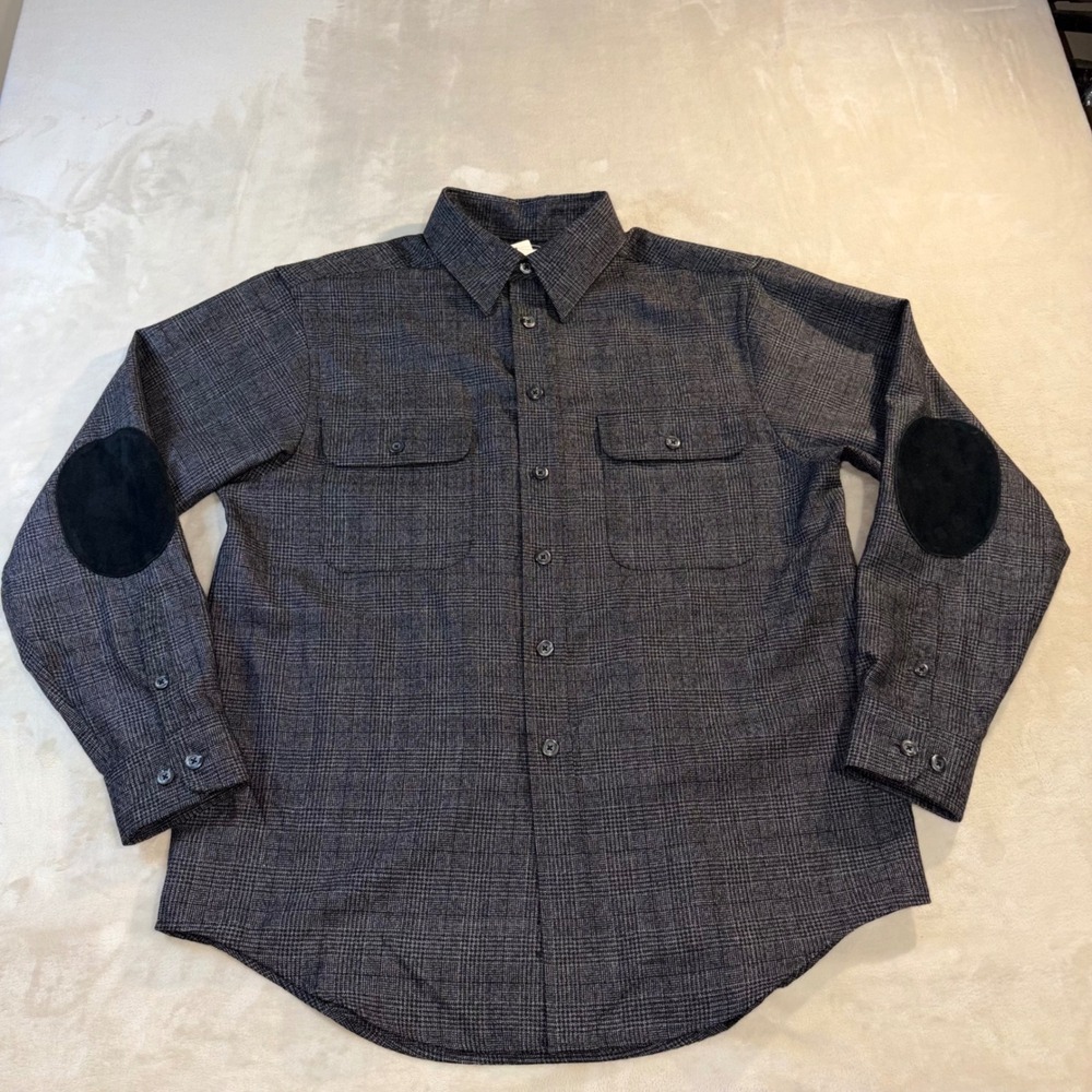 Turnbury Mens 100% Wool Glen Plaid Button Shirt Elbow Patches Grey Size M $150